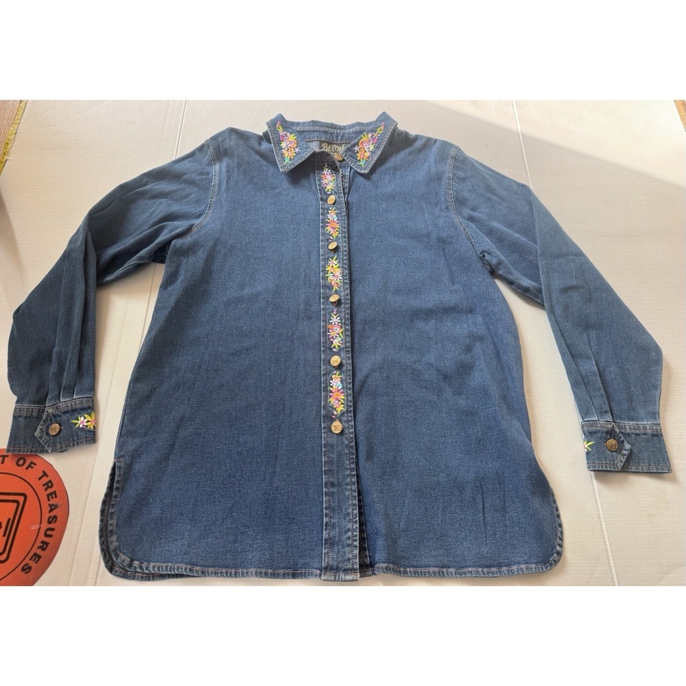 VTG Y2K Bob Mackie Wearable Art Embroidered Maypole Denim Button Down‎ Sz Medium
